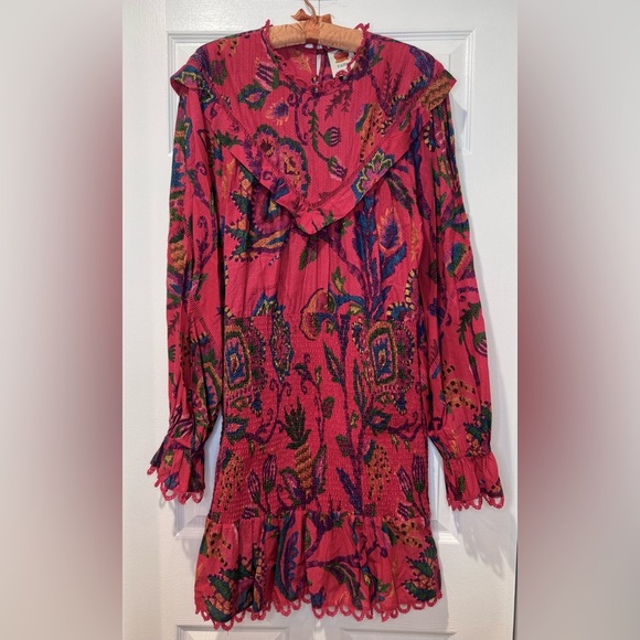 FARM Rio Sunset Tapestry Blush Mini in Red Smocked Cotton Dress size Large EUC - Picture 3 of 12
